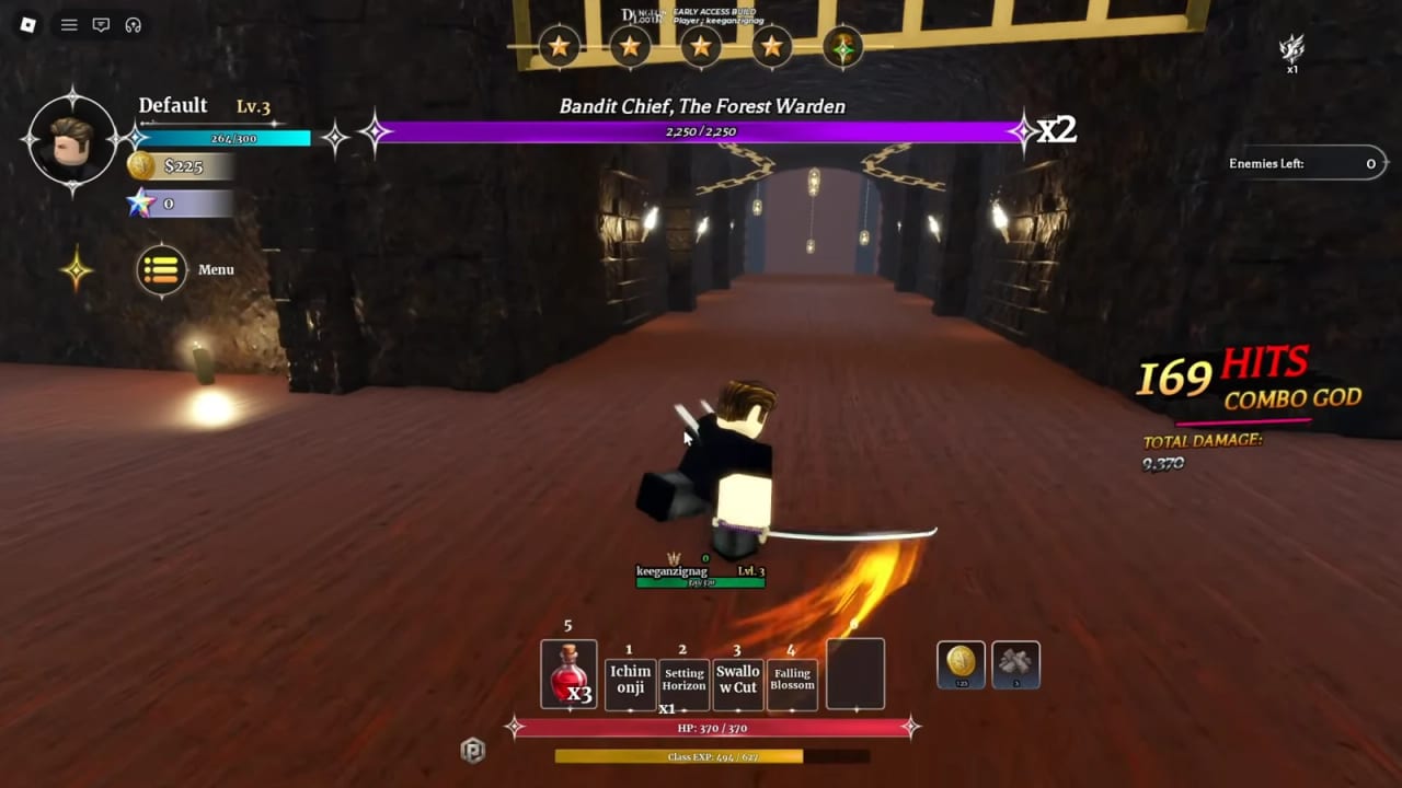 Dungeon Lootr combat in Bandit's Den, chaining sword skills into the Bandit Chief with a long hit combo