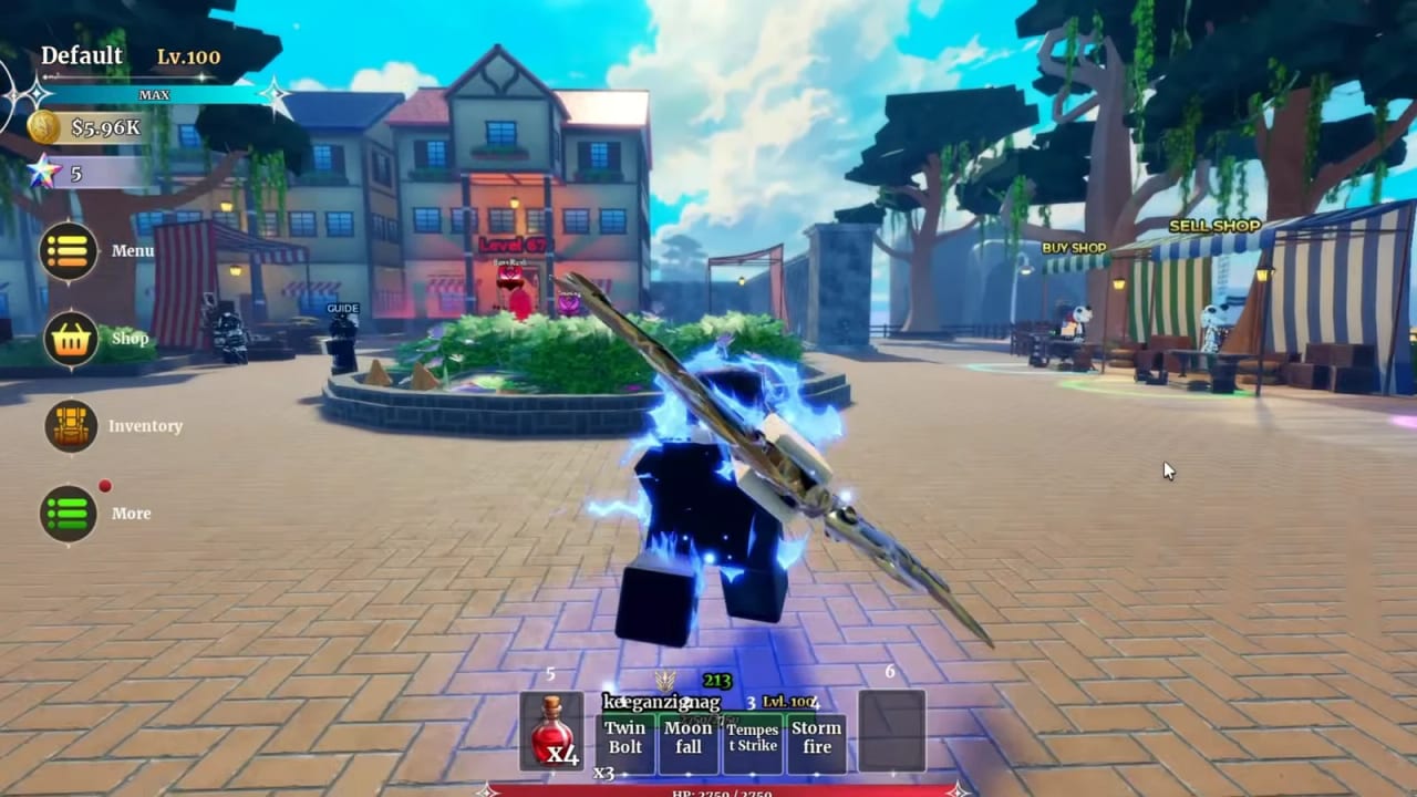 Dungeon Lootr town plaza hub with Menu, Shop, Inventory, and More buttons between dungeon runs